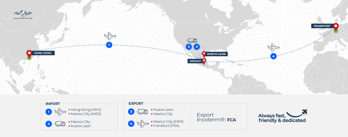 Over a map, you can see the details of our services: Import: Air freight: Hong Kong (HKG) –Mexico City (MEX) Ground freight: Mexico City to Nuevo Leon, Export: Ground freight: Nuevo Leon – Mexico City Air freight: MEX – FRA , Incoterm FCA