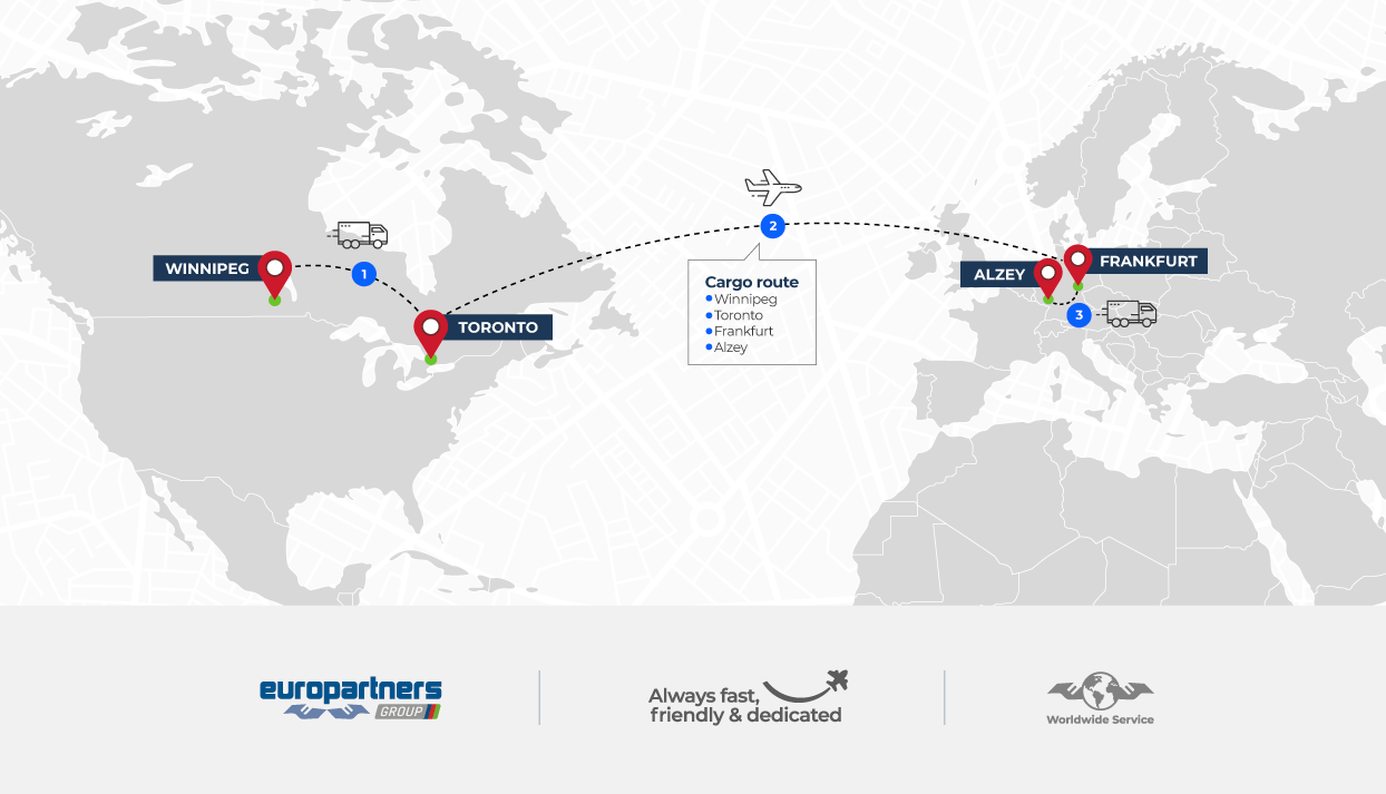 A map shows the best route we have designed for this aviation logistics movement: first mile from Winnipeg to Toronto’s airport, in Canada. From Toronto, the engine flew to Frankfurt, in Germany, until its last mile to Alzey. 