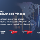 Sobre la imagen de un mapamundi, está escrito: epGroup, 4 marcas, un solo mindset. Atención local, expertise global, atendiendo a tus necesidades con las mejores soluciones logísticas a la medida.